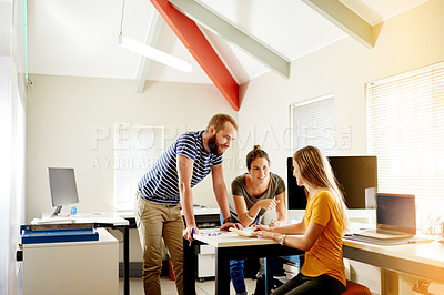 Buy stock photo Team, research and planning with business people in meeting for discussion, brand strategist and startup. Campaign review, collaboration and feedback with employees in office for creative agency