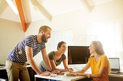 Buy stock photo Business, teamwork and people in office, funny and brainstorming with discussion, notebook and ideas. Group, employees and writers in workplace, smile and laughing with humor and joke for magazine