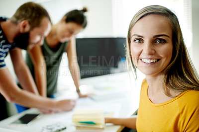 Buy stock photo Team, portrait and smile with business woman in meeting for planning, brand strategist and pitch. Campaign review, collaboration and feedback with group of employees in office for creative agency