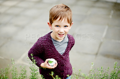 Buy stock photo Smile, ball and portrait of kid in garden of home for nature, playful and vacation break. Happiness, cute and cheerful with boy and toy in backyard of house for wellness, holiday and autumn season