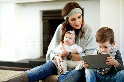 Buy stock photo Mother, baby or child with tablet in home with education website for brain development. Parent, kids or mom on floor in living room with internet, streaming cartoon or app for entertainment or growth