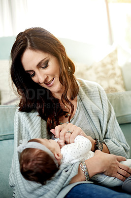 Buy stock photo Mom, relax and smile with baby in living room for love, care or bonding together to nurture child development. Happy, woman or single parent with infant for growth, trust or comfort in family house