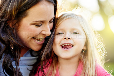 Buy stock photo Outdoor, bonding and mother with child for support, relationship and connection together in park. Happy family, mom and girl with love for portrait, care and relax on weekend holiday in nature