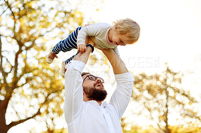 Buy stock photo Dad, girl and airplane with games at park, lift and happy family with low angle, nature and bonding in summer. People, father and child with flight, playful or excited with smile outdoor in Australia