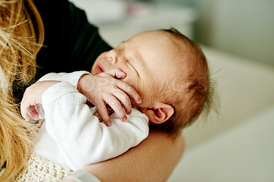 Buy stock photo Mom, hands and baby sleeping in arms with love for peaceful nap, rest or swaddle in nursery home. Mother, child or infant kid asleep with hug or eyes closed for childhood embrace, care or parenting