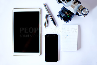Buy stock photo Flat lay, top view and creative tools with camera, notepad and tablet screen for photography. Phone, business and equipment on desk in empty office with pen for content creation with mockup space