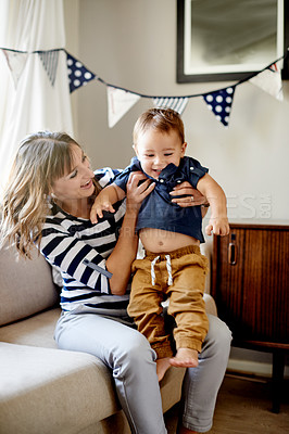 Buy stock photo Birthday party, mother and boy with smile, house and celebration with happiness, energy and laugh. Family, parent and mama with son, event and love with care, bonding together and decoration