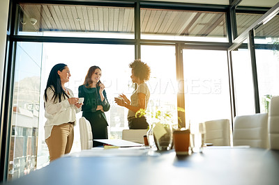 Buy stock photo Coffee, break or women in office for talking, collaboration or gossip in workplace. Project, startup or people in conversation together with team for drinking beverage, networking or brainstorming