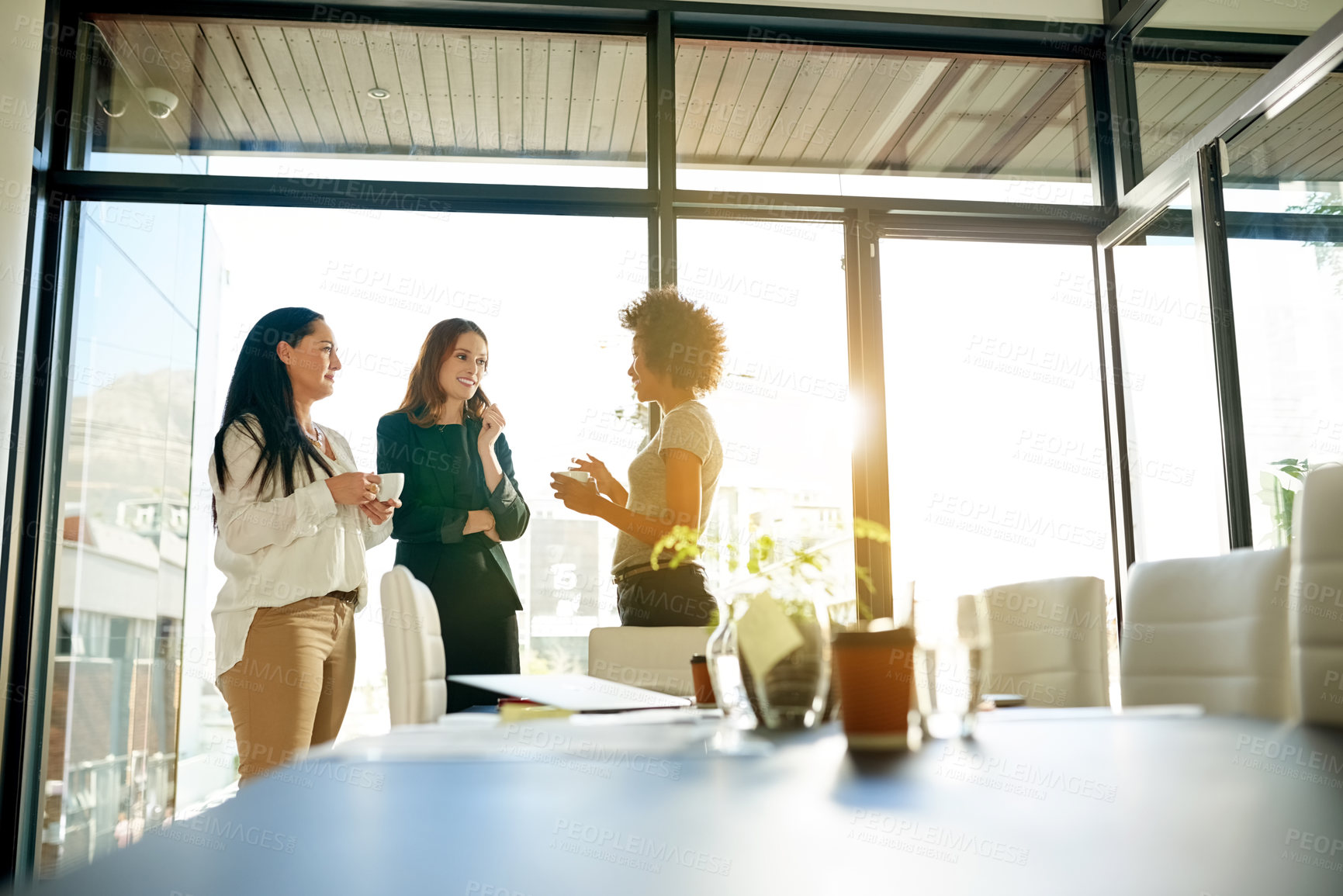 Buy stock photo Coffee, break or women in office for talking, collaboration or gossip in workplace. Project, startup or people in conversation together with team for drinking beverage, networking or brainstorming