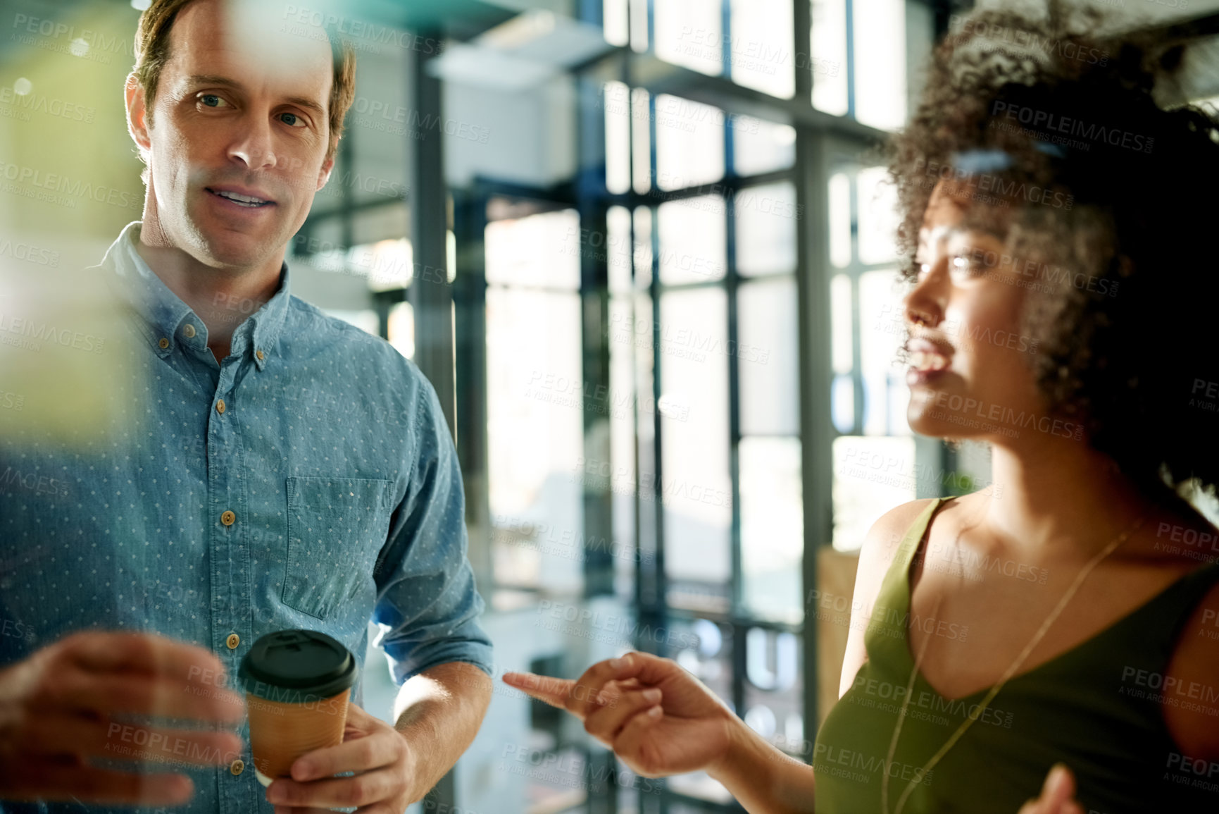 Buy stock photo Teamwork, scrum and planning with business people and board for meeting, campaign progress and research. Sticky note, moodboard and project review with employees in office for schedule and feedback