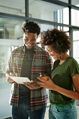 Buy stock photo Meeting, tablet and happy business people in office with coffee for online report, research and feedback. Startup, teamwork and man and woman on digital tech for website, planning and project review