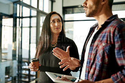 Buy stock photo Meeting, tablet and business people in office with manager for online report, research and feedback. Startup, teamwork and man with woman on digital tech for website, planning and project review