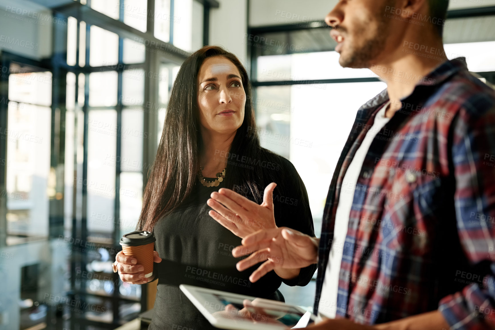 Buy stock photo Meeting, tablet and business people in office with manager for online report, research and feedback. Startup, teamwork and man with woman on digital tech for website, planning and project review