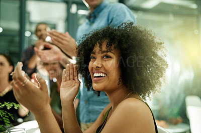 Buy stock photo Business, team and woman with applause in meeting for campaign success, startup growth and pride. Marketing agency, staff and happy people with clapping for company performance and target celebration