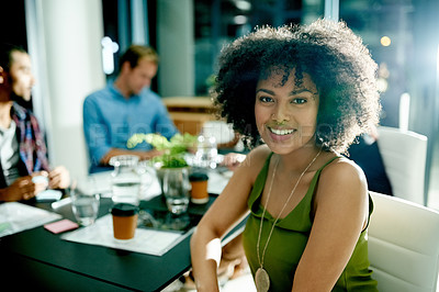 Buy stock photo Portrait, night and woman in office, meeting and planning with copywriting, creative project or pride. People, evening or journalist with brainstorming, submission or deadline for news report or idea