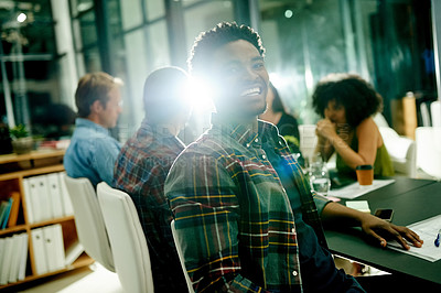 Buy stock photo Portrait, meeting and night with business man in office for creative startup, interior design and flare. Team, project advisor and planning with workshop, documents and staff in renovation agency