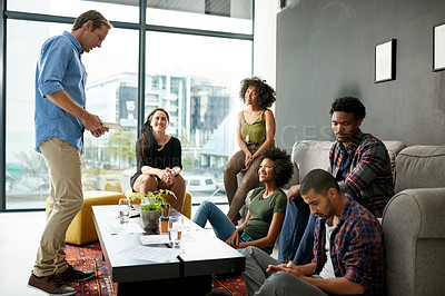 Buy stock photo Man, team and tablet at startup, discussion and app for brainstorming at interior design company. People, partnership and pitch with blueprint, meeting or creative process for collaboration at agency