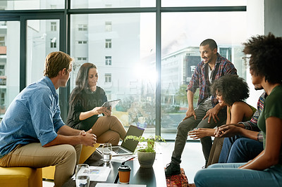 Buy stock photo Tablet, mentor and discussion with business people in office for designer briefing, teamwork or project. Interior design update, creative feedback and presentation with employees in workshop