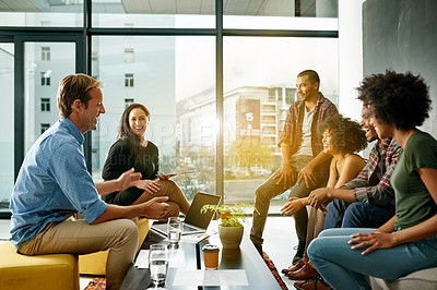 Buy stock photo Meeting, team and people in office with smile, lens flare or positive feedback for report. Happy, collaboration or employees in workplace with discussion, shared goal or planning for company growth.