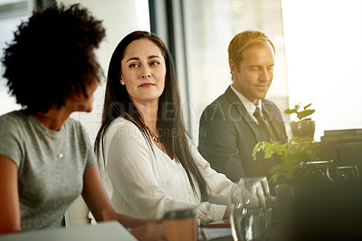 Buy stock photo Office, discussion and business people in meeting for planning, strategy and teamwork. Professional, corporate flare and men and women in boardroom for feedback, report and collaboration for project