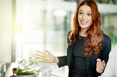 Buy stock photo Happy, business woman or presentation with sustainability for eco friendly campaign or awareness. Female person, speaker or meeting with idea or plan for alternative energy or natural growth on space