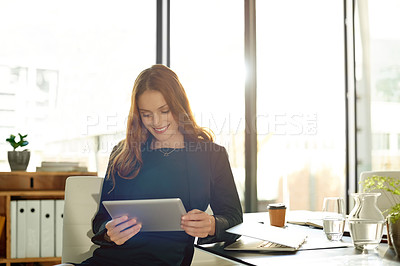 Buy stock photo Corporate, woman and reading with tablet in office for accounting, finance report or review budget. Female person, digital and research for financial agenda, audit information and investment proposal