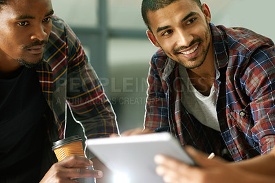 Buy stock photo Tablet, meeting and team of business people in office with research for creative project. Happy, discussion and journalists with digital technology for online article with publishing in workplace.