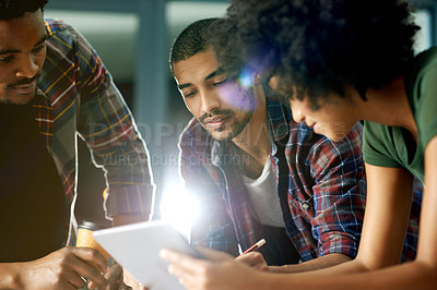 Buy stock photo Tablet, discussion and team of business people in office with research for creative project. Happy, meeting and journalists with digital technology for online article with publishing in workplace.