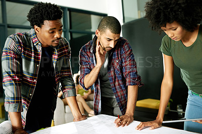 Buy stock photo Architecture, thinking and people with blueprint in meeting for design, floorplan and building project. Creative team, engineering and workers with paperwork for planning, layout and renovation ideas