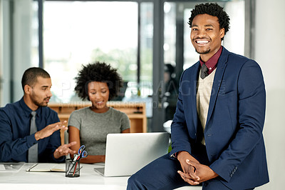 Buy stock photo Portrait, employee and man with pride, boardroom or marketing coordinator with smile for leadership. People, together and confident in meeting, discussion and happy for project or campaign in office