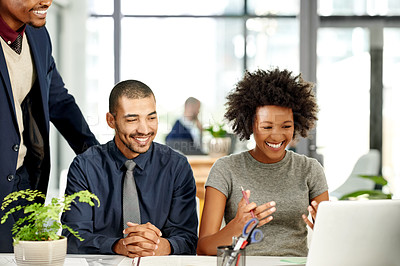 Buy stock photo Happy, office and business people on laptop for online feedback, profit review and budget success. Teamwork, company and woman with men on computer for funding approval, good news and finance report