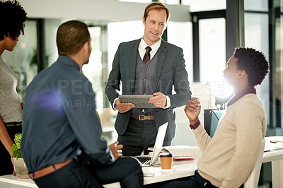 Buy stock photo Man, lawyer and group with tablet at meeting, talk and happy for review, proposal or legal services. People, team and flare with tech, application and collaboration for solution at corporate law firm