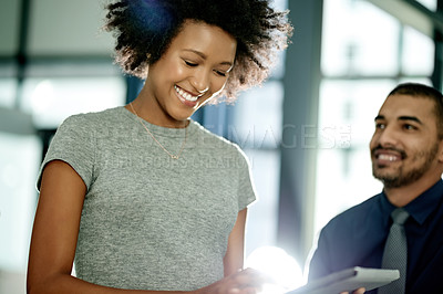 Buy stock photo Collaboration, smile and tablet with business people in office for meeting or web development. App, conversation and design with developer team in workplace for optimization or responsiveness