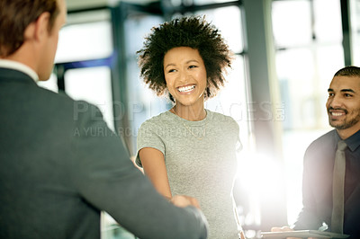 Buy stock photo Handshake, happy and business people in office for partnership, collaboration and promotion. Corporate, professional and workers shaking hands for agreement, onboarding and congratulations for deal