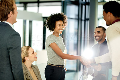 Buy stock photo Handshake, success and business people in office for meeting, collaboration and promotion. Corporate, professional and workers shaking hands for agreement, partnership and congratulations with flare