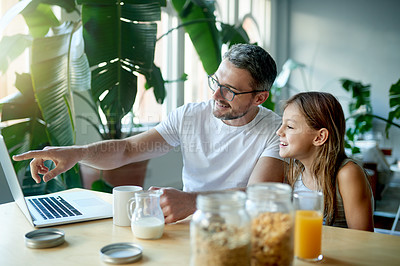 Buy stock photo Father, laptop and teaching in home for child, tech and internet safety for development. Smile, love and learning with man, dad and girl together for online education, knowledge or conversation