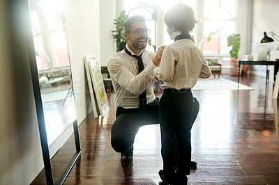 Buy stock photo House, father and boy with mirror, necktie and help with suit, event preparation and learning fashion. Family, parent or dad with son, child development or teaching with formal, happiness or dressing