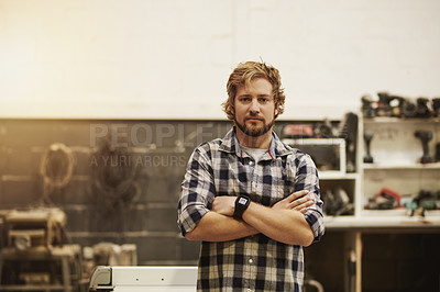 Buy stock photo Man, carpenter in portrait and arms crossed in workshop, furniture repair or manufacturing with timber. Carpentry, pride and male person with trade in woodworking industry, craftsman and lumber