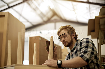 Buy stock photo Carpenter, furniture and man in workshop for sanding, manufacturing and timber production. Artisan, craftsmanship and carpentry with repair for small business, lumber and woodowork or restoration