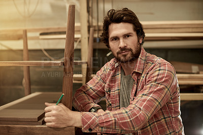 Buy stock photo Carpenter, portrait and man in workshop for furniture, manufacturing and lumber production. Artisan, craftsmanship and carpentry with pencil for planks, timber and woodwork building or restoration