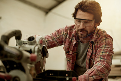 Buy stock photo Carpenter, saw and man in workshop for equipment, manufacturing and timber production. Artisan, craftsmanship and carpentry tool with machine for small business, lumber and building or renovation