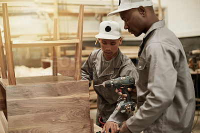Buy stock photo Furniture, carpenter and team with men in warehouse for woodwork, manufacturing or drill artisan project. Partnership, joinery studio and craftsman production with people for frame assembly and tools