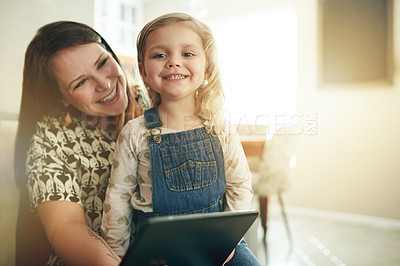 Buy stock photo Tablet, happy and mother with child on sofa for education app, streaming service and research. Learning game, ebook subscription and alphabet cartoon with kid in living room of family house for tech