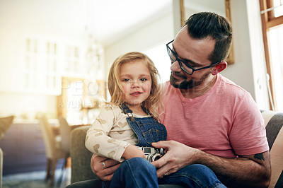 Buy stock photo Bonding, father and child in home with camera, connection or introduction to hobby. Portrait, support or happy family in living room with equipment, love or teaching photography for development.