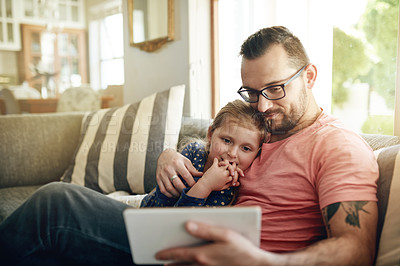 Buy stock photo Entertainment, father or child on sofa with tablet, streaming cartoon or family bonding on weekend. Mature man, girl or watching movie in home with tech for subscription app, love and care in support