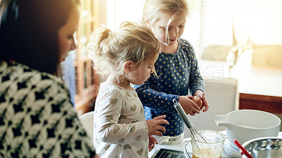 Buy stock photo Cooking, help and mixing with mother and kids in kitchen for teaching, dessert recipe and bonding. Love,  and pancake breakfast with woman and children in family home for learning and baking