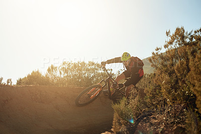Buy stock photo Bike, sports and trail with man in mountains for outdoor adrenaline, adventure or training at speed. Exercise, fitness and hobby with person cycling in nature for off road challenge or performance
