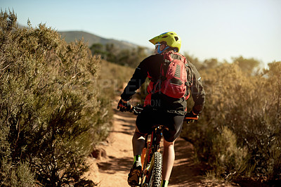 Buy stock photo Back, man and bicycle in nature for fitness, challenge and sport on dirt path. Athlete, bike and cycling on mountain trail for exercise, cardio training or travel in environment for outdoor adventure