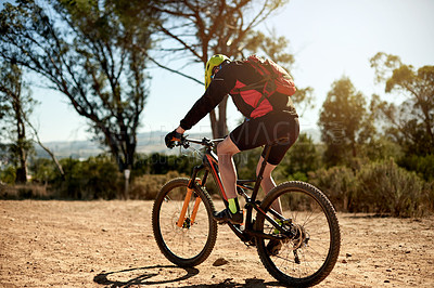 Buy stock photo Nature, mountain bike and man with fitness, training and energy with hobby, travel and sports. Bicycle, person and cyclist with practice, cycling and trail with competition, countryside and journey