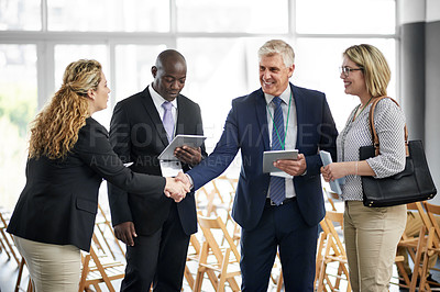 Buy stock photo Businessman, tablet and handshake for networking at convention with app, introduction and woman for meeting. People, exchange contact and tech with hello, smile or chat at international conference